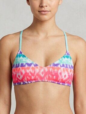 Hula Honey Tribal Tie Dye T-Back Bikini Top Red Orange Blue Swimsuit Size M NWOT